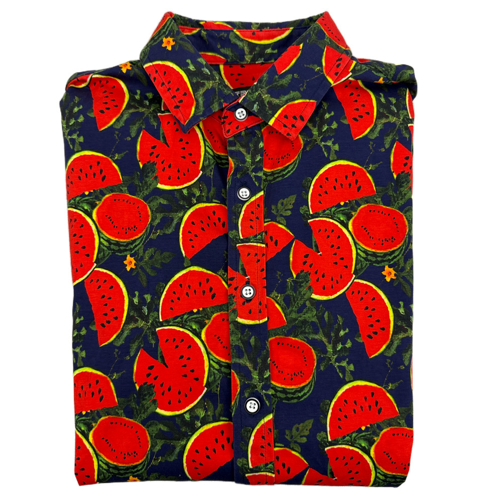 Steele Stretch Jersey Knit Shirt Mens Small Red Short Sleeve Button Watermelon